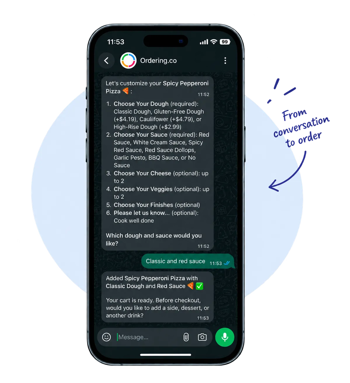 WhatsApp conversation on a phone where a customer chooses pizza dough and sauce