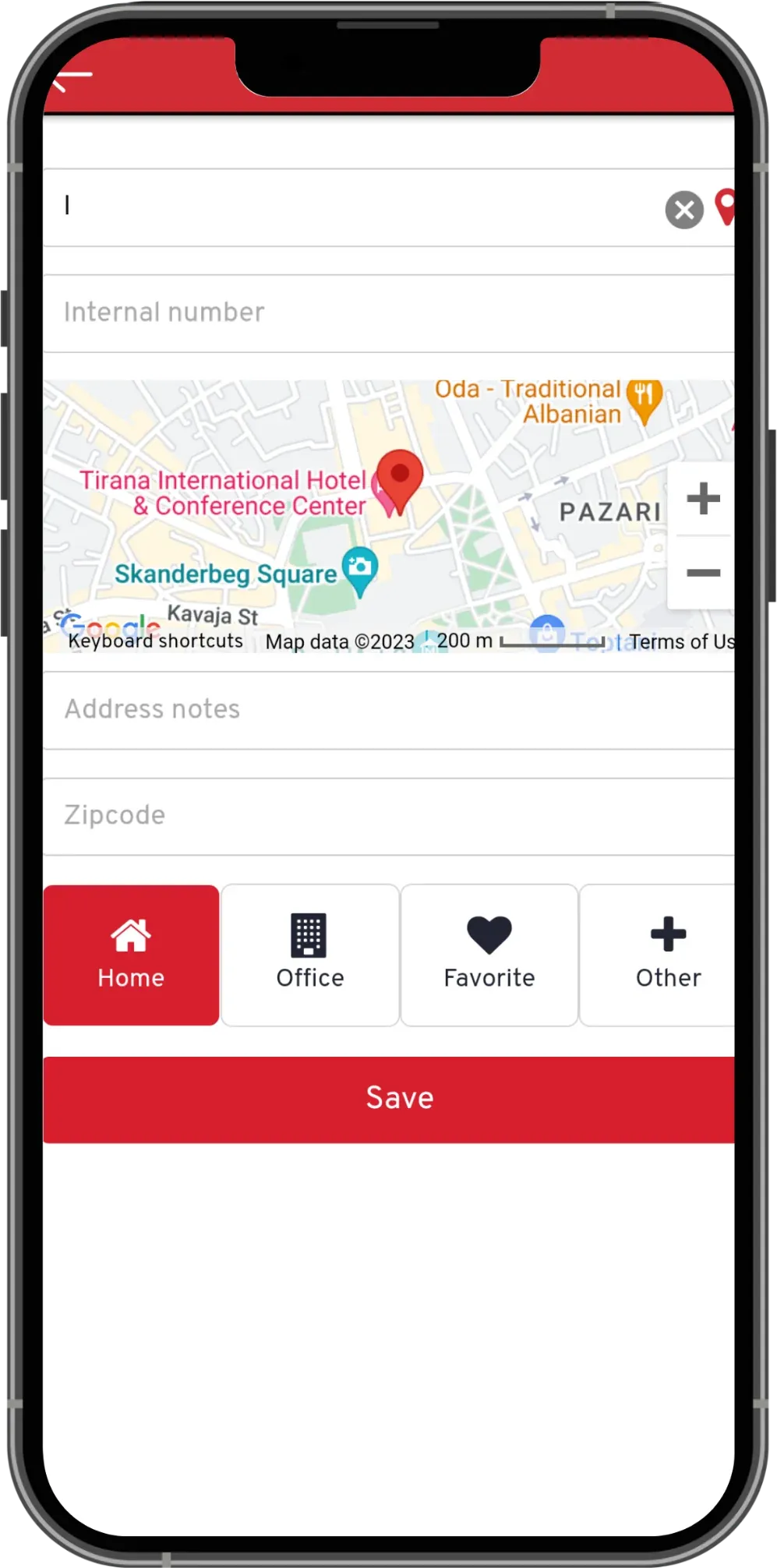 KFC Albania app address screen with a map of central Tirana and home, office, favorite, and other labels