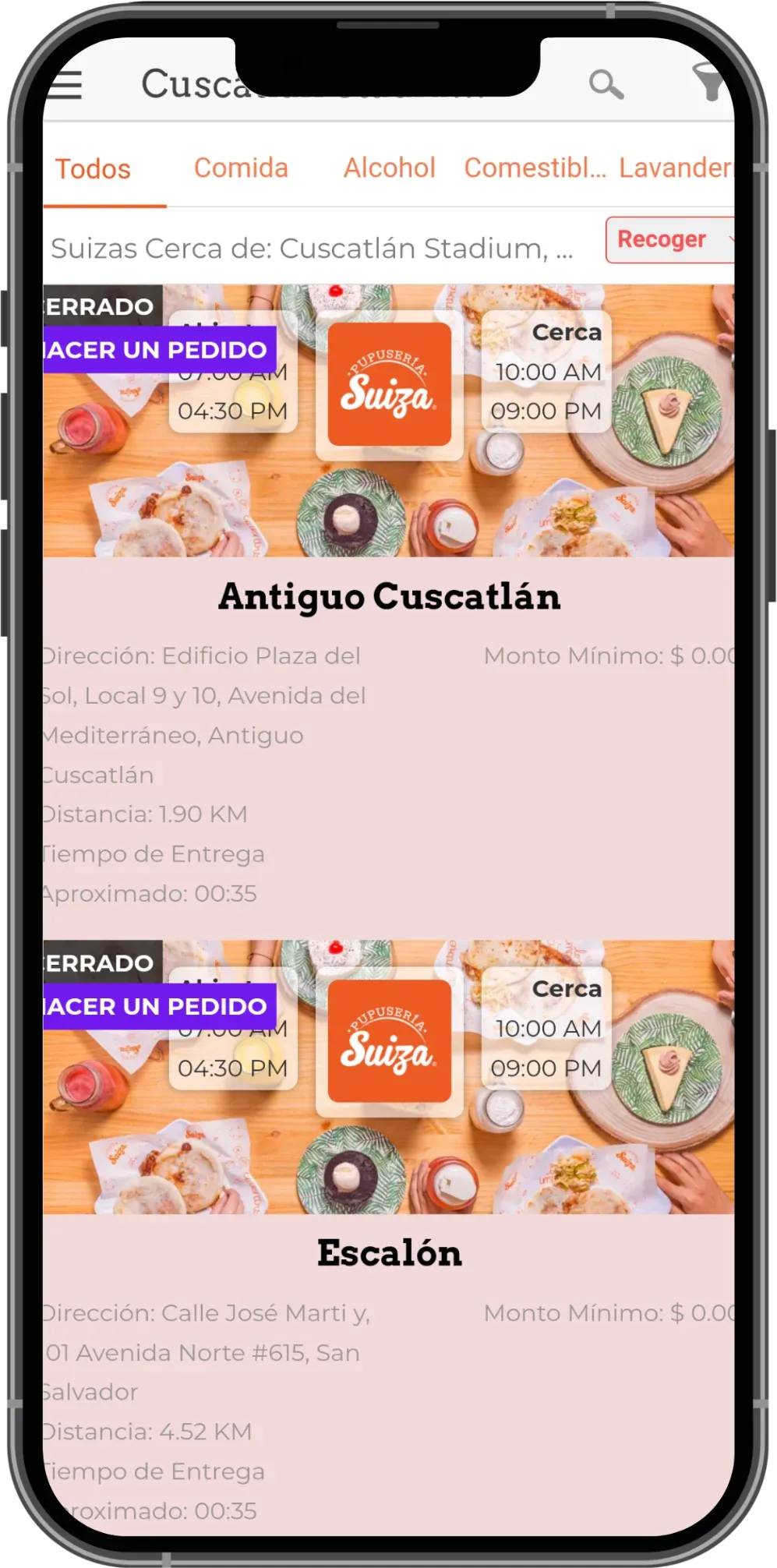 Pupusería Suiza customer app listing the Antiguo Cuscatlán and Escalón branches with distance and estimated delivery time