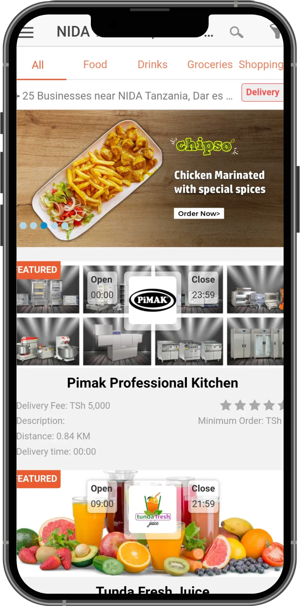 Piki customer app listing businesses nearby, with category tabs, a promotion banner, and featured stores