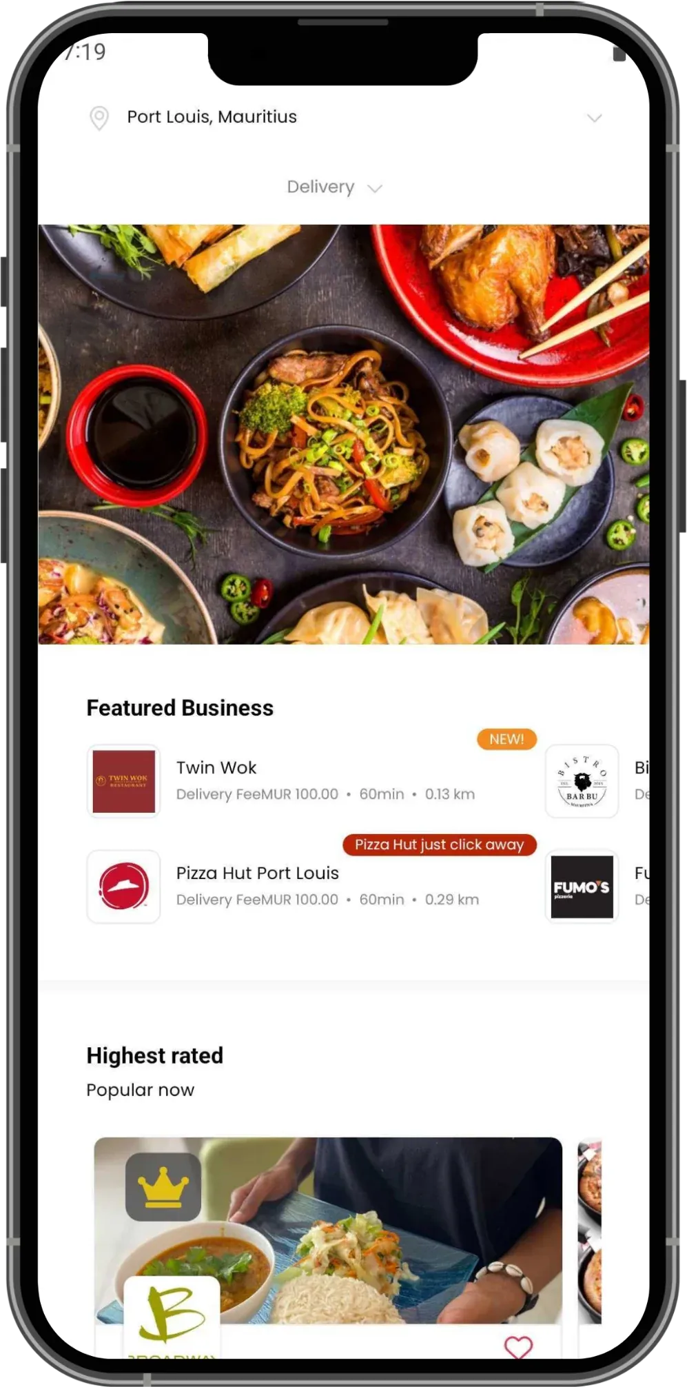 HungryDodo app home for Port Louis, Mauritius, listing featured restaurants such as Twin Wok and Pizza Hut Port Louis