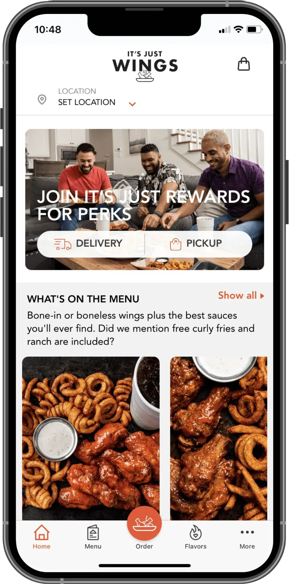It's Just Wings app home with a Join It's Just Rewards banner and delivery and pickup options