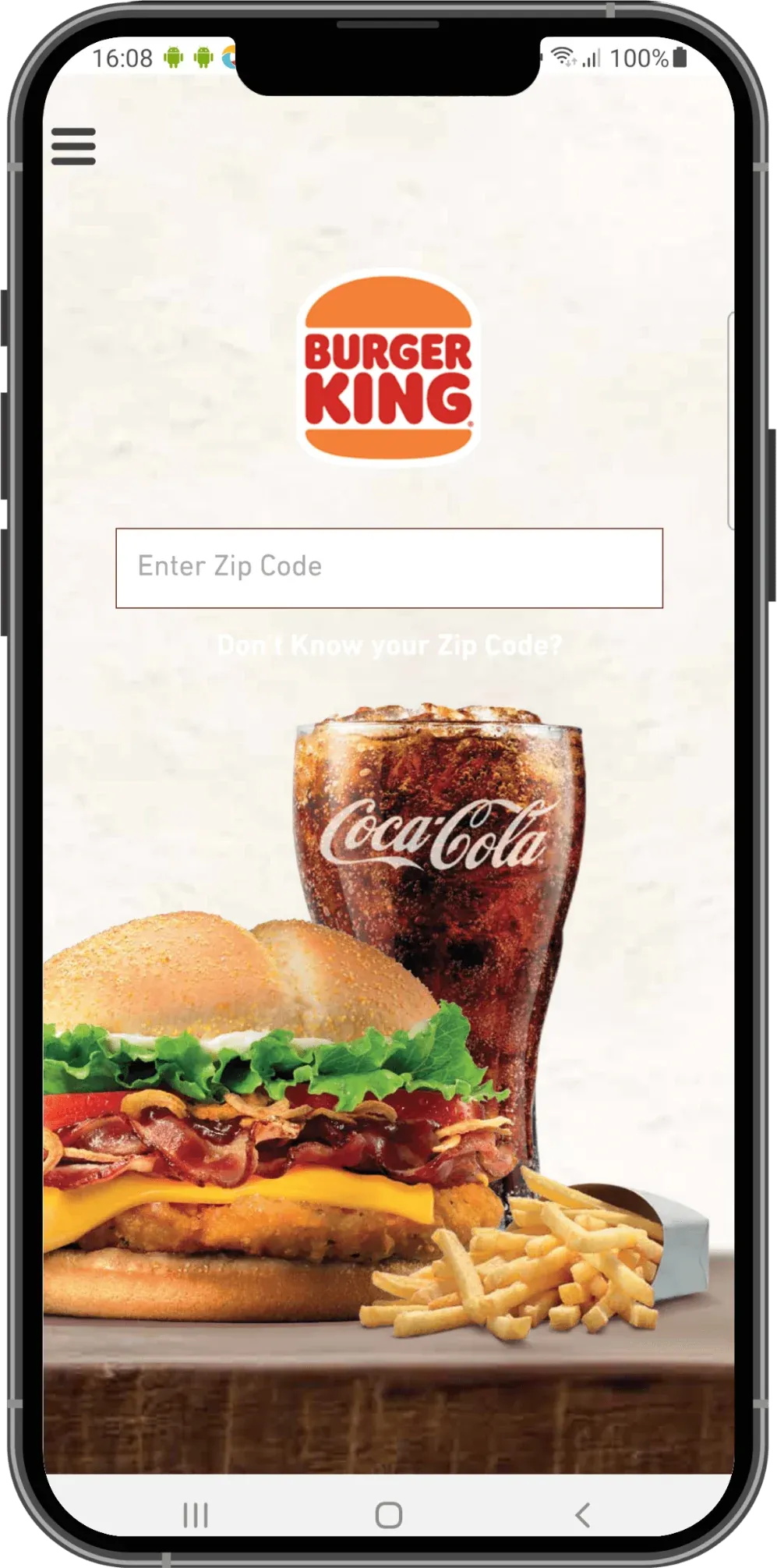 Burger King Cyprus customer app home screen with a zip code search