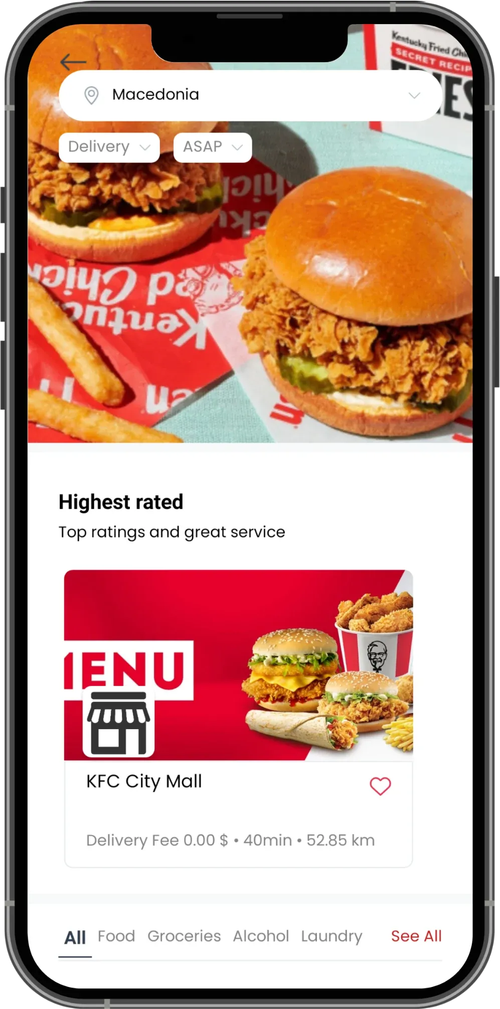 KFC Macedonia app home screen with delivery selected and KFC City Mall under highest rated stores