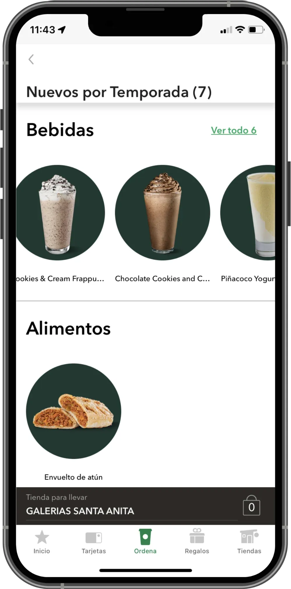 Starbucks app showing the Nuevos por Temporada section with drinks and food, for takeout at the Galerías Santa Anita store