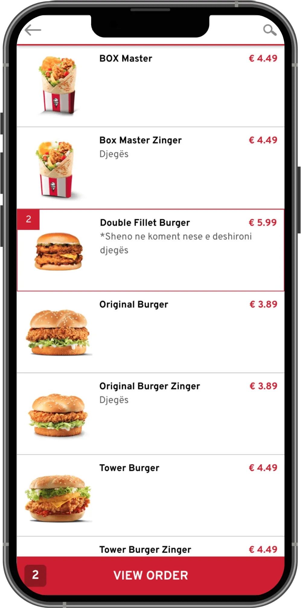 KFC Kosova app menu with burgers and box meals priced in euros and a View order button