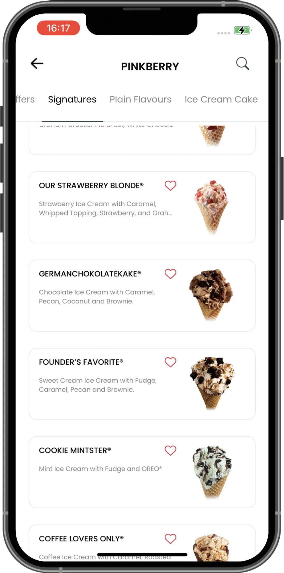 Pinkberry customer app showing the Signatures menu category with ice cream cones and their descriptions