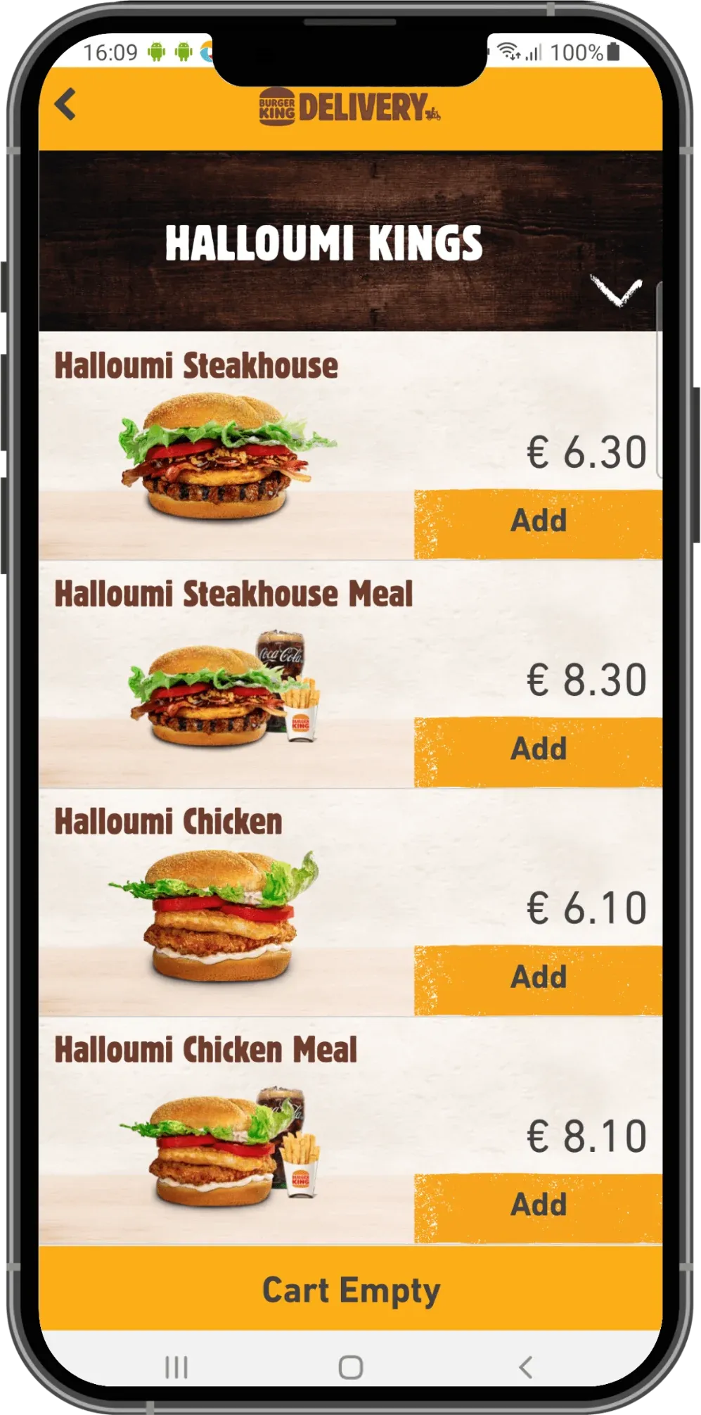 Burger King Cyprus customer app showing Halloumi Kings burgers and meals with prices in euros