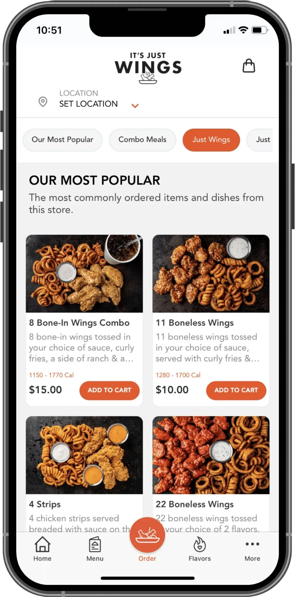 It's Just Wings app menu showing the Our Most Popular category with wing combos, prices, and Add to Cart buttons