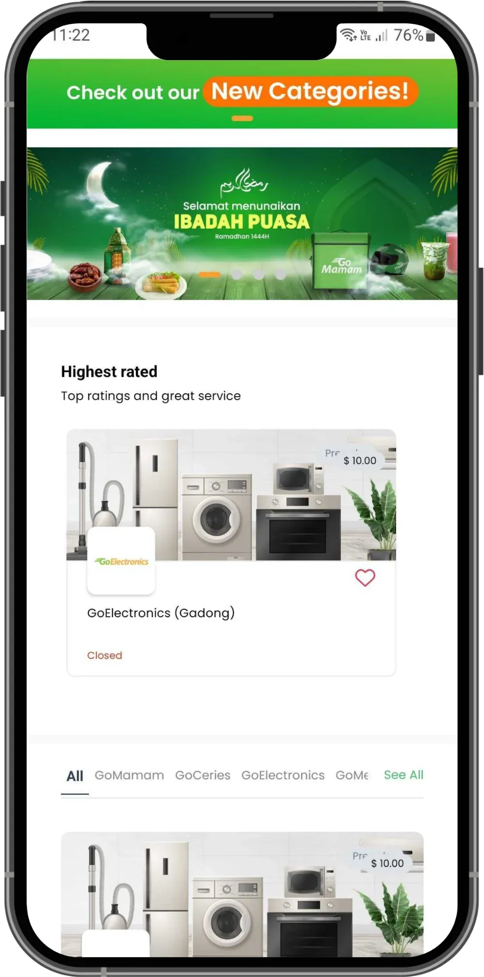 GoMamam app home announcing new categories, with a Ramadan banner and GoElectronics among the highest-rated businesses
