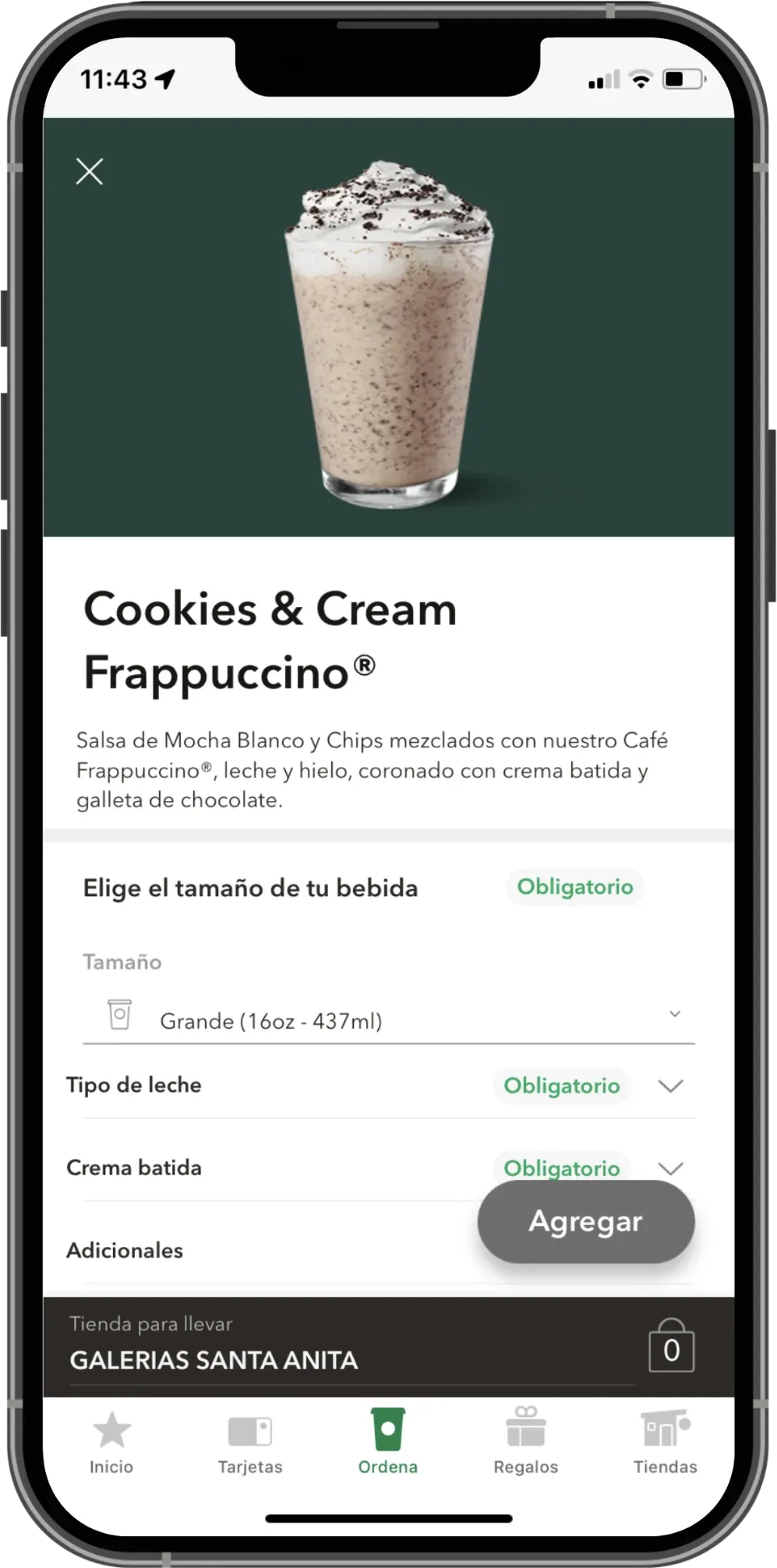 Cookies and Cream Frappuccino in the Starbucks app, with required size, milk, and whipped cream choices and an Agregar button
