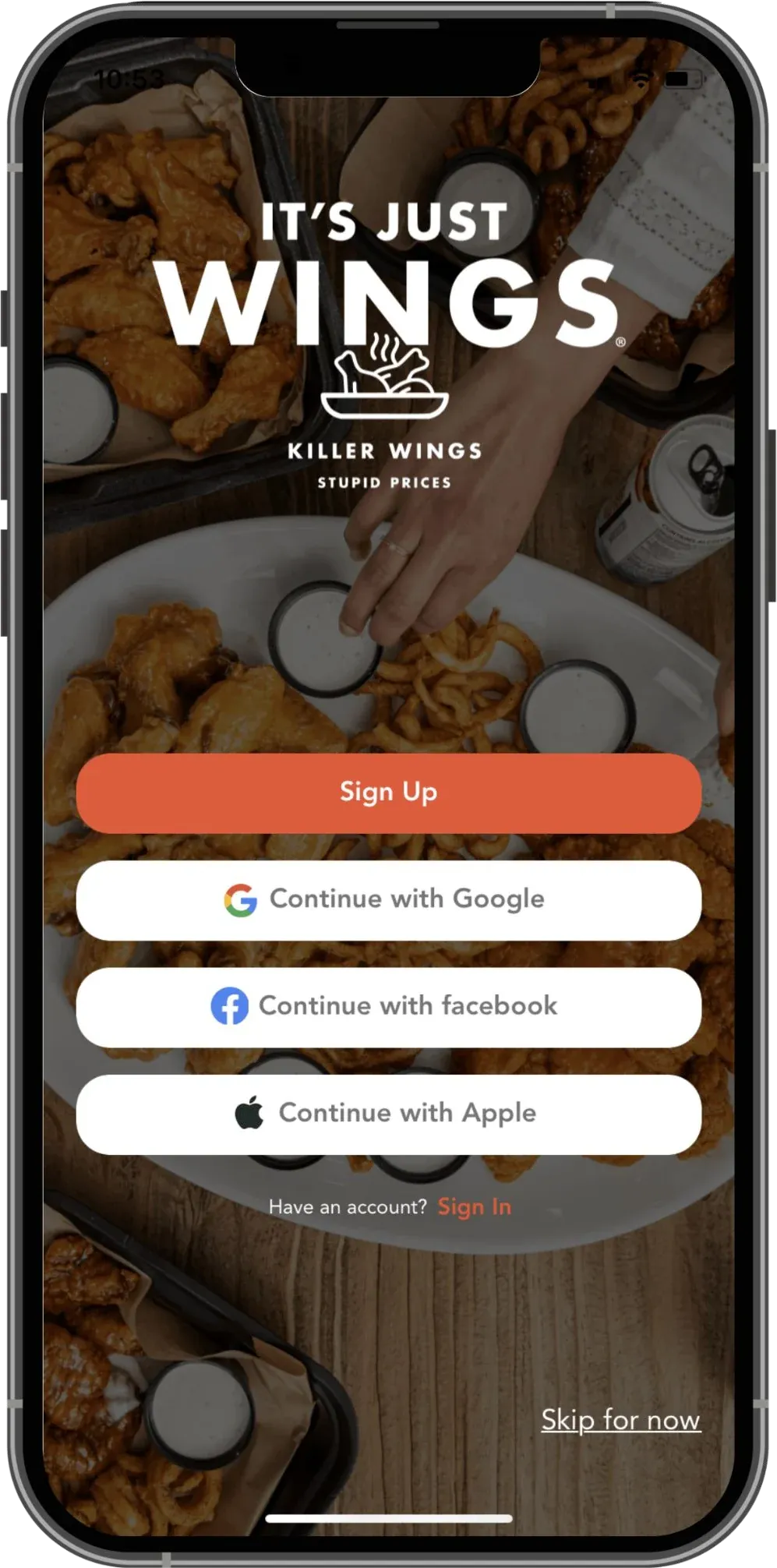 It's Just Wings app welcome screen with Sign Up and options to continue with Google, Facebook, or Apple