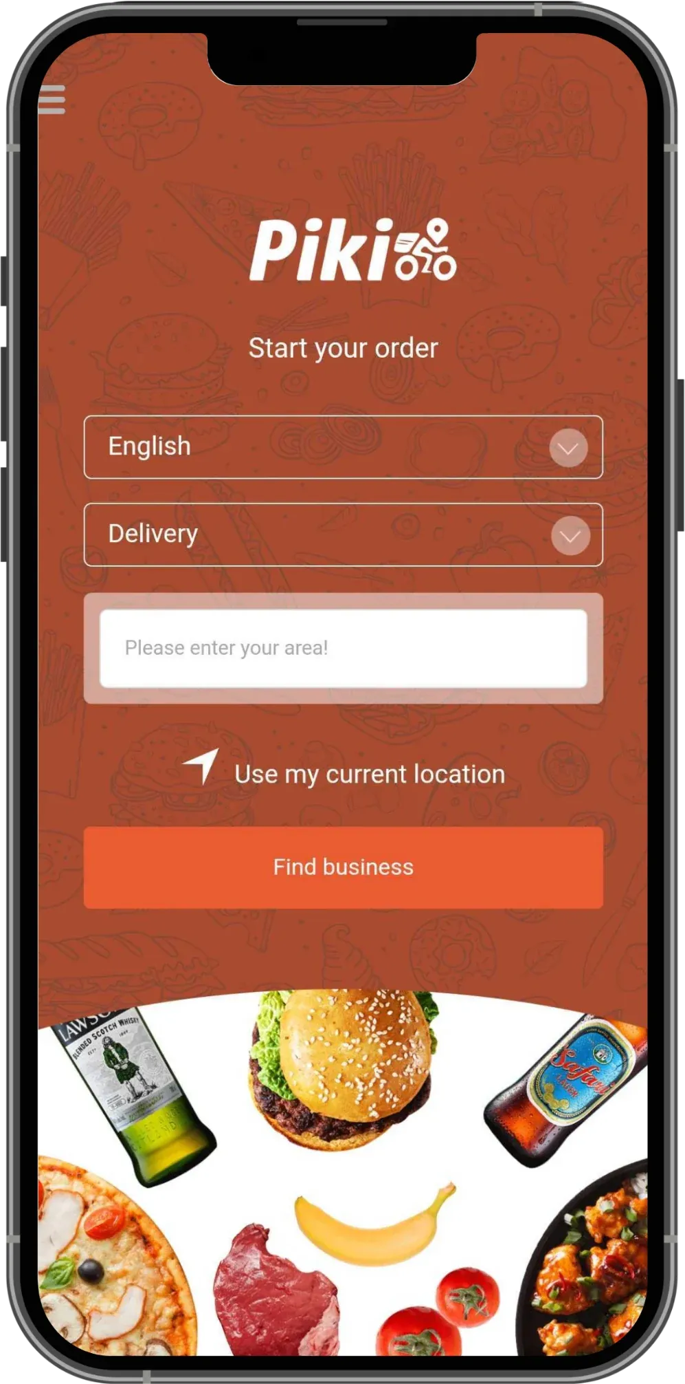 Piki customer app start screen with language and delivery selectors, an area search, and a Find business button