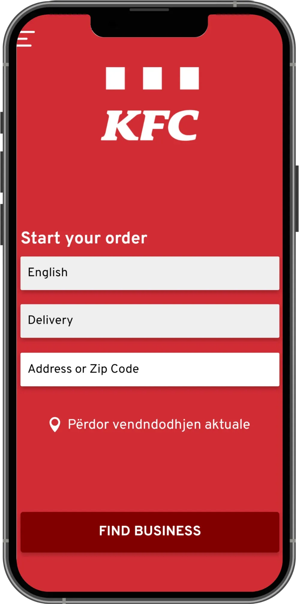KFC Albania app start screen with language, delivery, and address fields and a Find business button