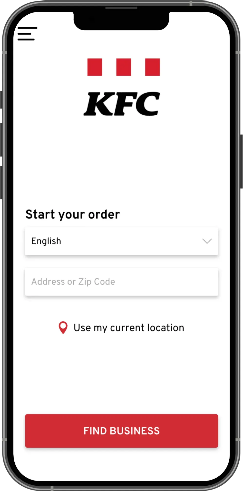 KFC Kosova app start screen with language and address fields and a Find business button