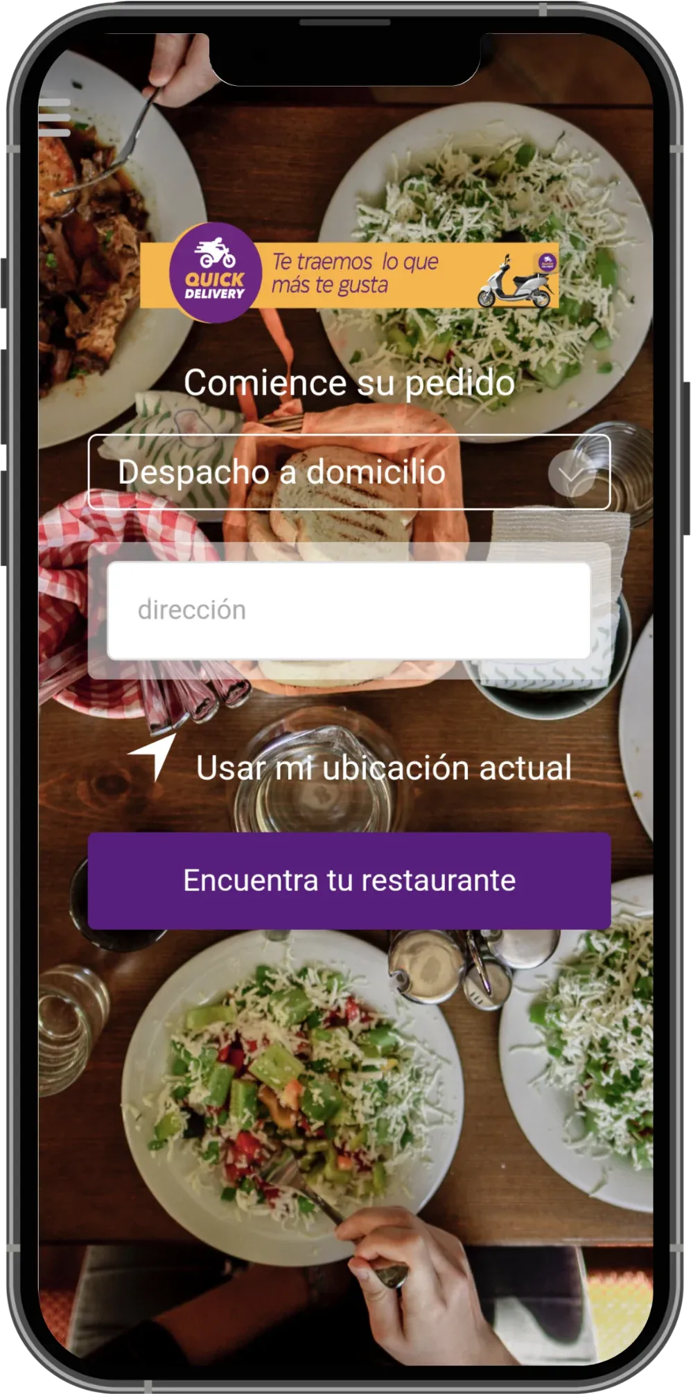 Quickdelivery customer app start screen with a delivery selector, an address field, a current location option, and a Find your restaurant button