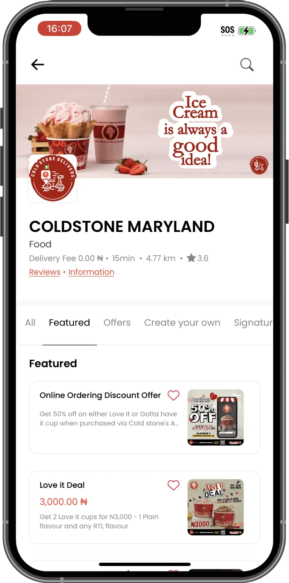 Cold Stone customer app store page with Featured, Offers, and Create your own tabs, an online ordering discount offer, and a Love it Deal