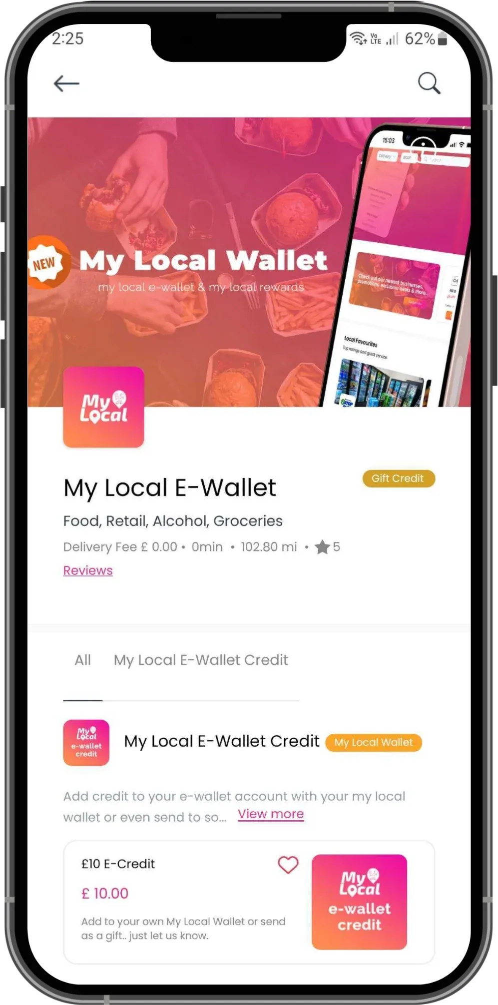 My Local E-Wallet in the MyLocal app, listed under food, retail, alcohol, and groceries, with a credit option