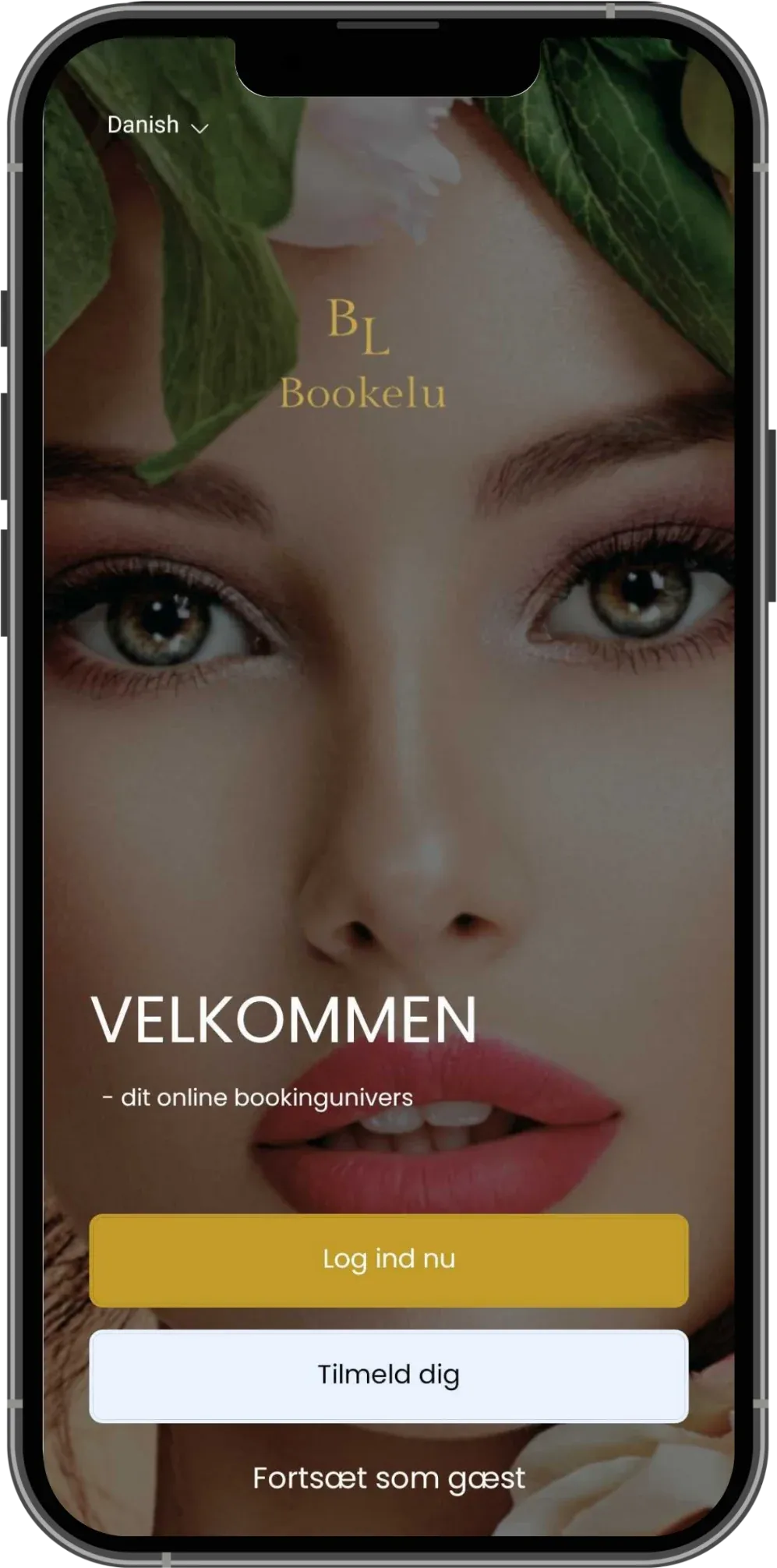 Bookelu app welcome screen in Danish, with buttons to log in, sign up, or continue as a guest