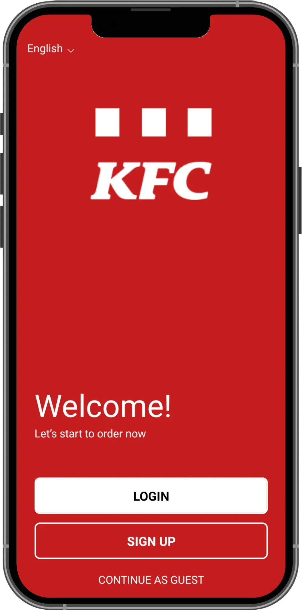 KFC Macedonia app welcome screen with login, sign-up, and continue as guest options