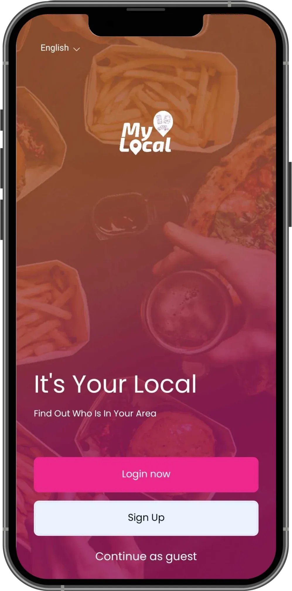 MyLocal app welcome screen with the line It's Your Local and buttons to log in, sign up, or continue as a guest