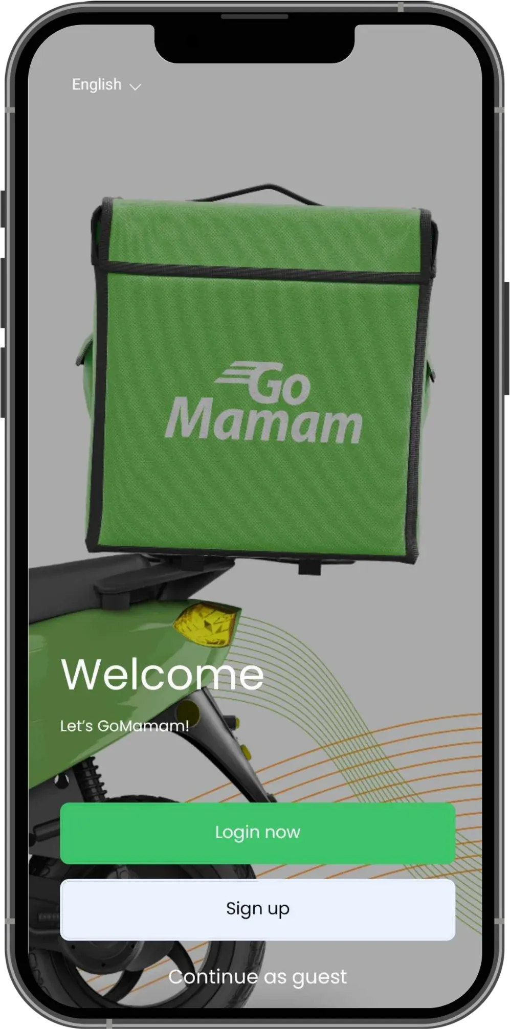 GoMamam app welcome screen with Login now and Sign up buttons