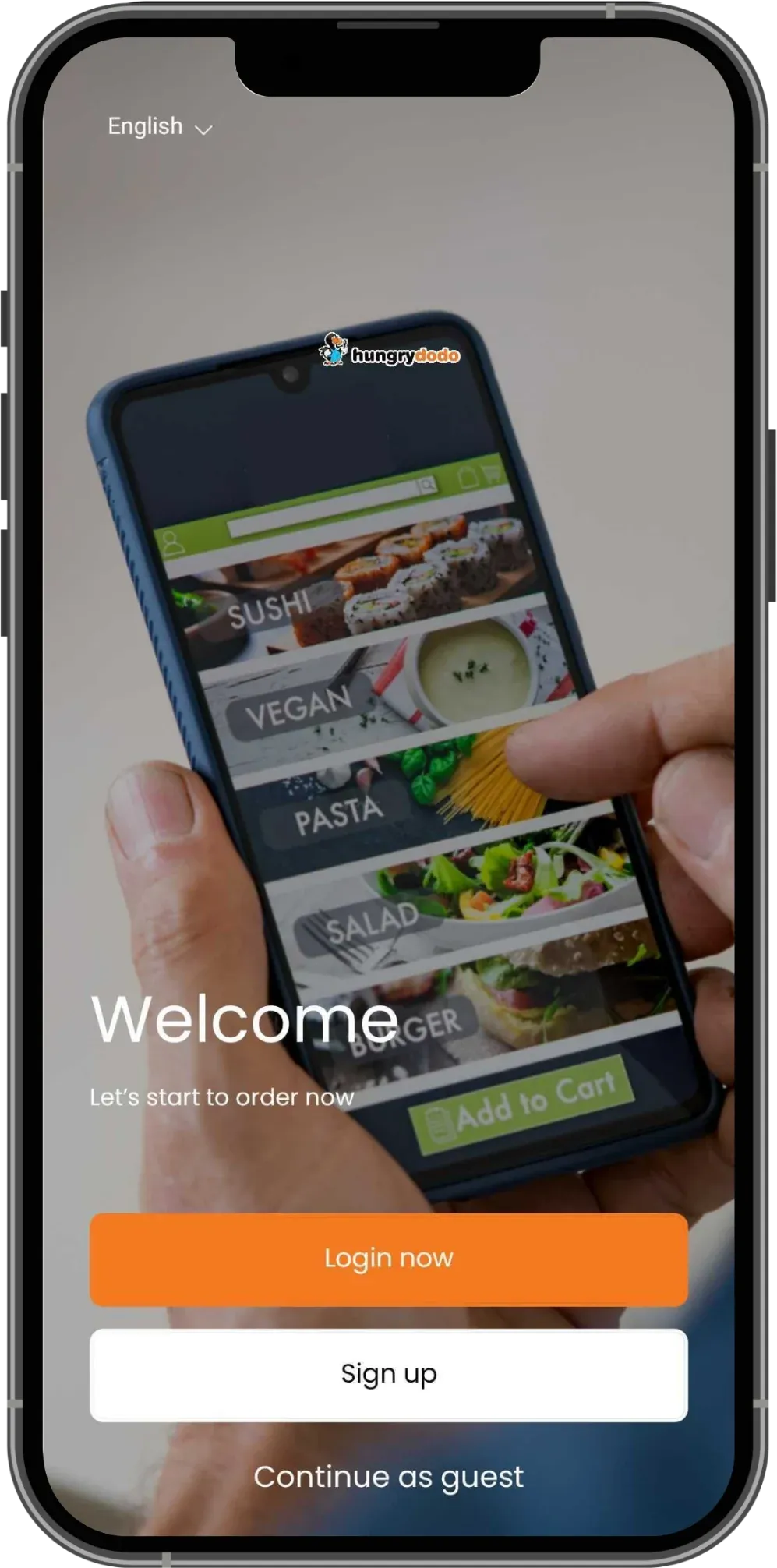 HungryDodo app welcome screen with Login now, Sign up, and Continue as guest options