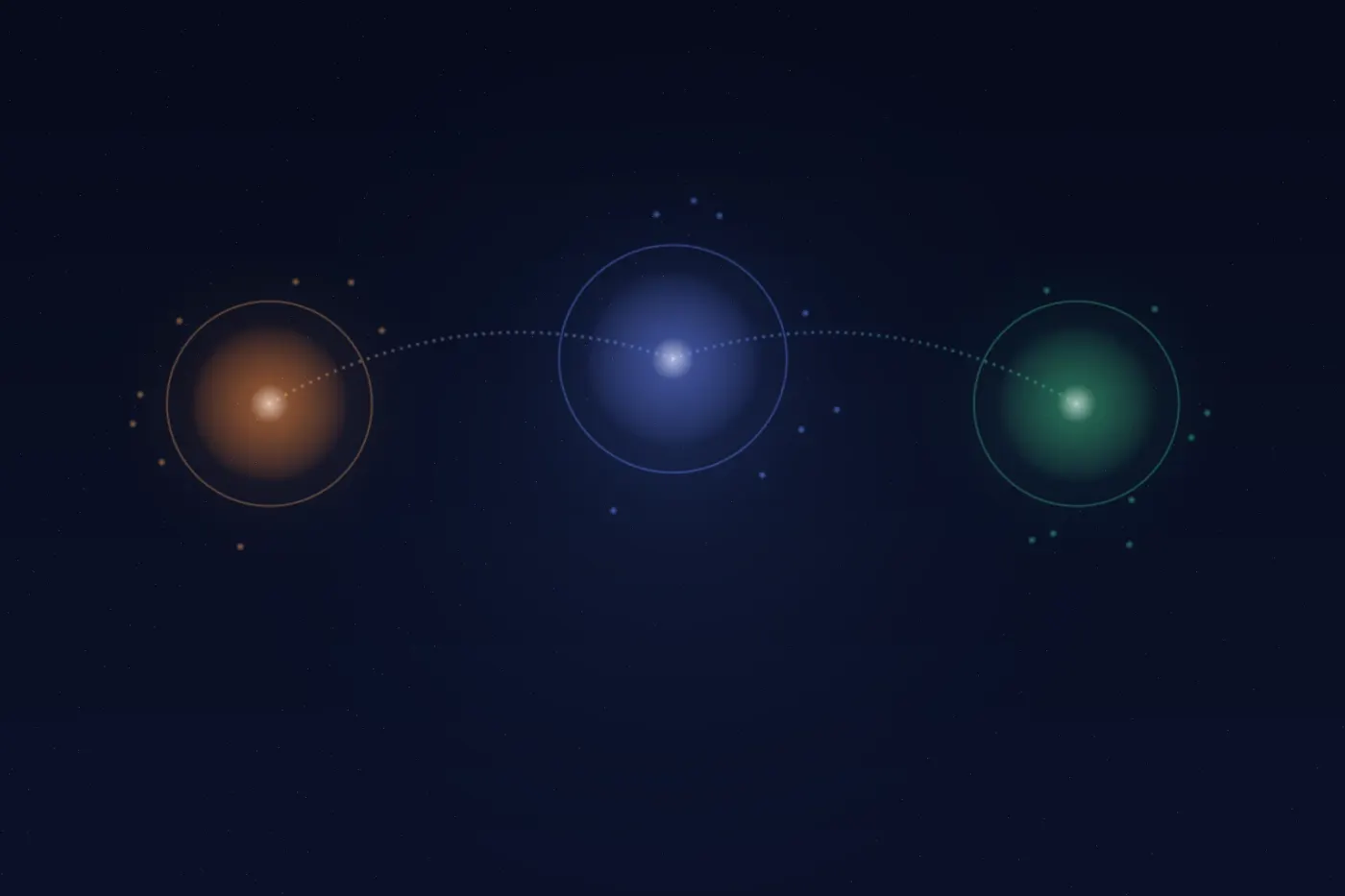 Three glowing personality orbs in warm orange cool blue and soft green connected by flowing arcs representing different chatbot brand voices