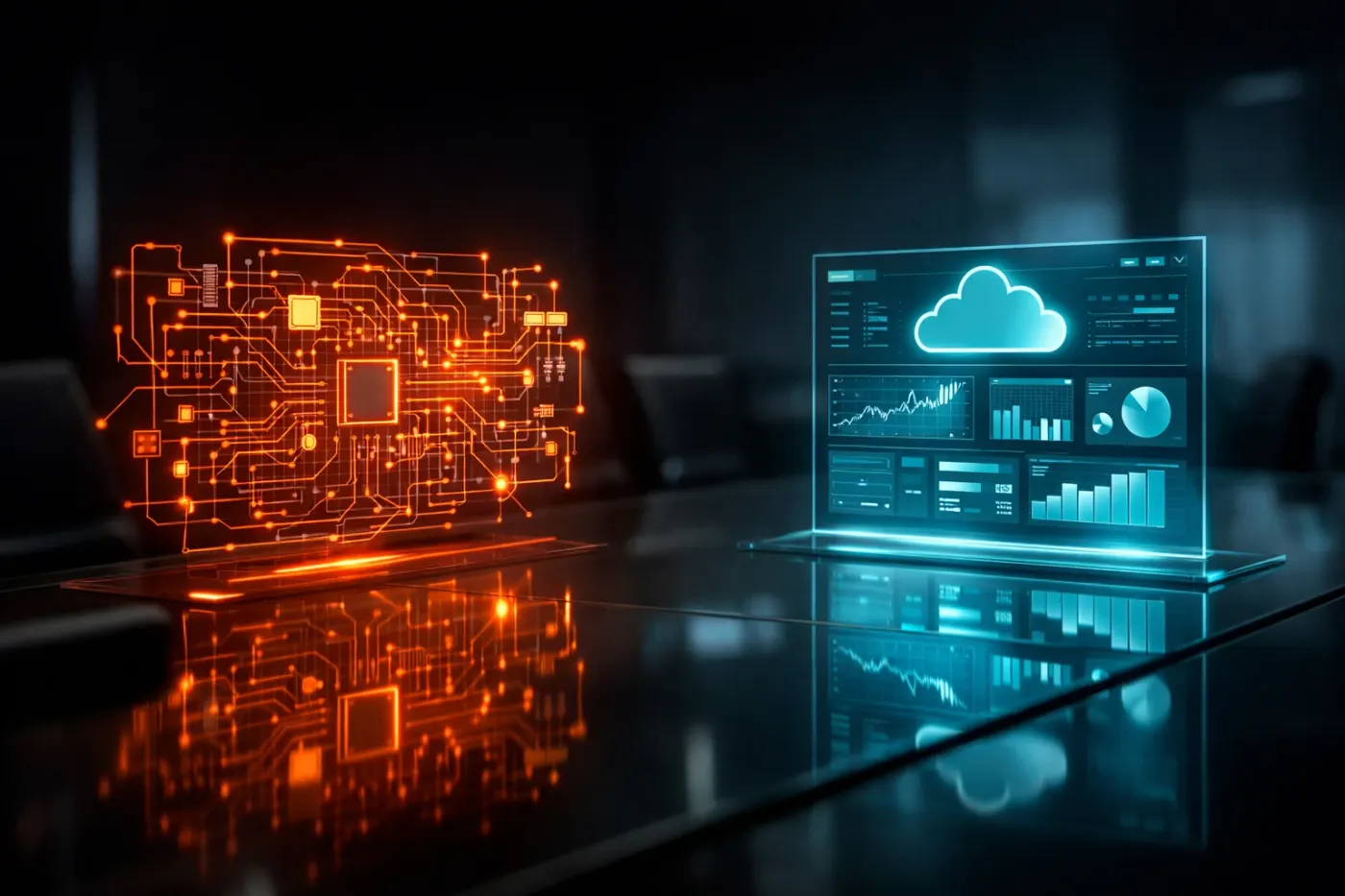 Glass conference table reflecting contrasting holographic projections of complex circuit blueprint and streamlined cloud dashboard in cyan and orange tones