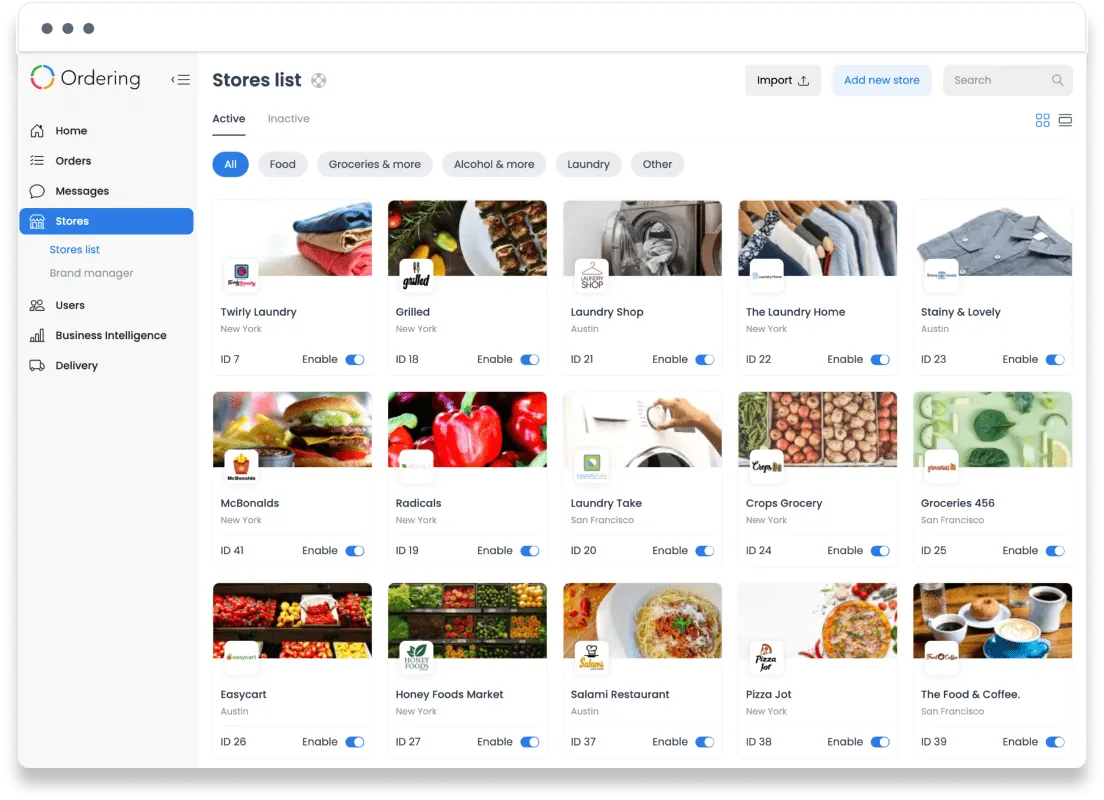 Ordering Dashboard stores list with store photos, categories, and enable switches.