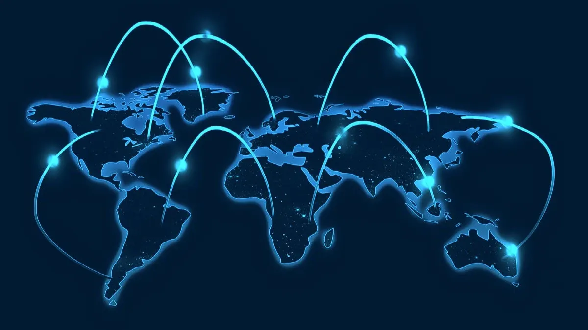 Digital world map with glowing cyan connection arcs on dark background representing global multilingual AI communication