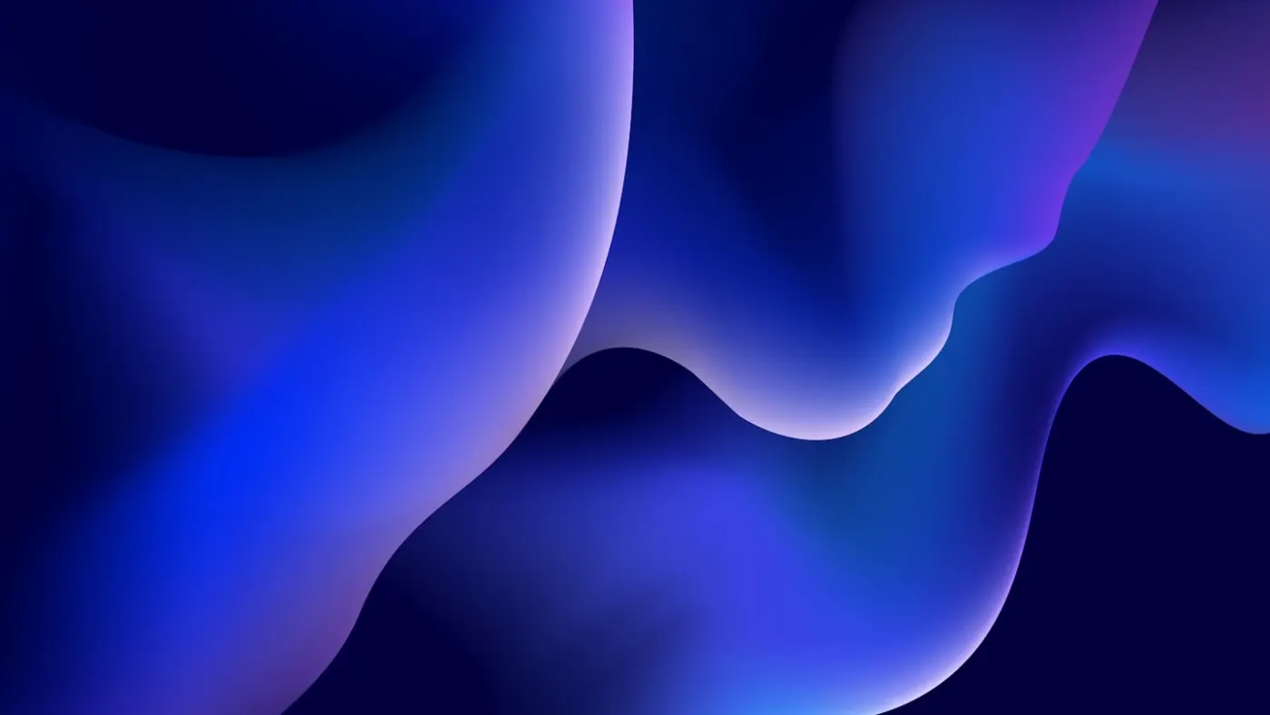 Abstract three-dimensional blue and violet fluid shapes flowing on deep dark background evoking the spectrum between quick-service speed and fine dining elegance