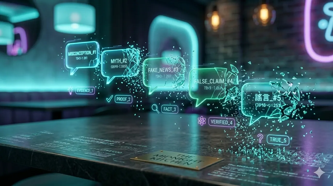 Crystalline spheres bursting outward in cyan and blue tones on light background representing restaurant AI myths being shattered by data and evidence