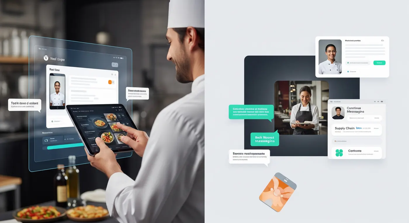 Collage of restaurant management app mockups showing order notifications and supply chain messaging