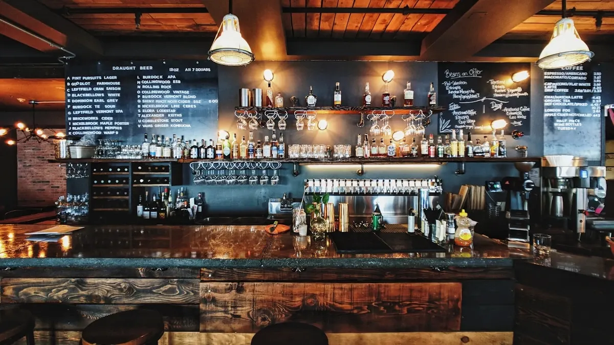 Busy modern restaurant with AI-powered ordering systems handling peak hour customer flow in cool blue ambient lighting