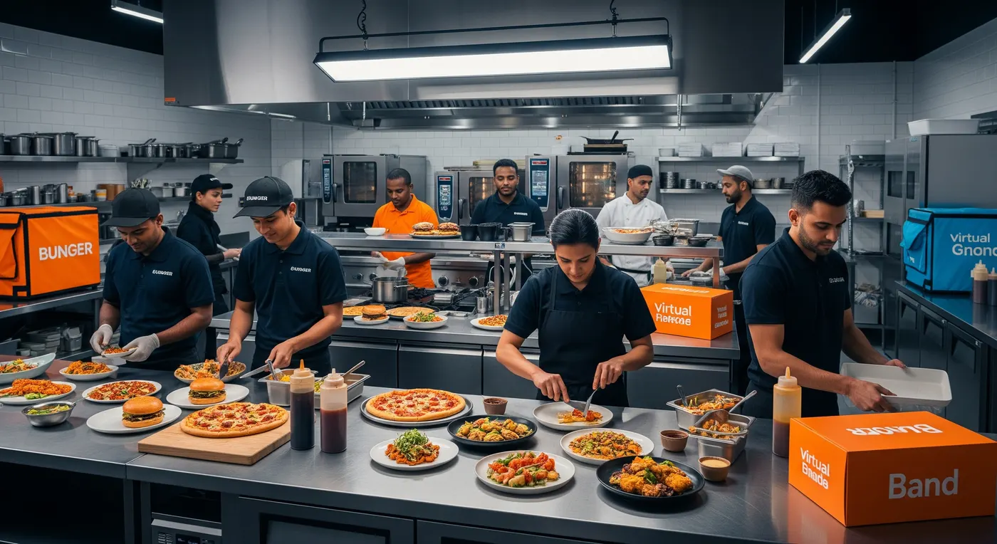 Kitchen staff preparing multiple dishes for delivery orders with branded delivery bags on the counter