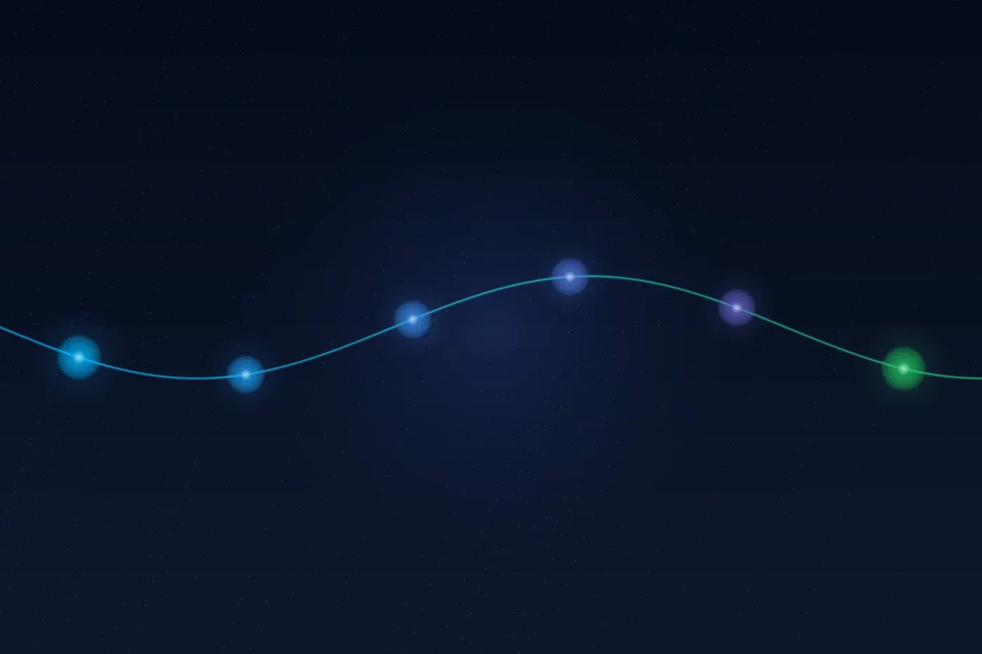 Flowing conversation path with six glowing chat bubble nodes transitioning from cyan to green on dark background