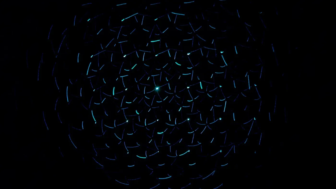 Cyan and blue light particles forming a spherical network constellation on dark background representing small restaurants connected to powerful AI technology