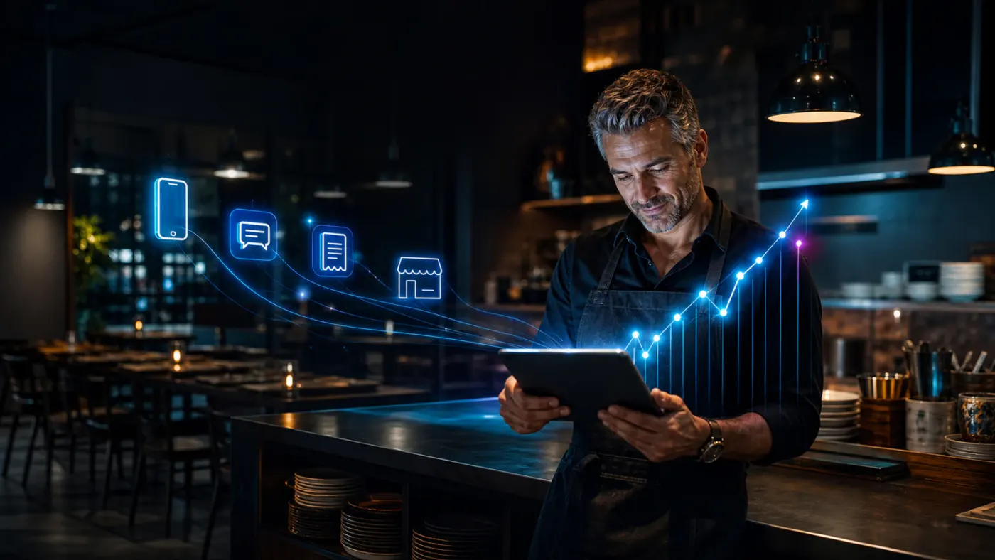 Restaurant owner reviewing AI ordering revenue analytics on a tablet
