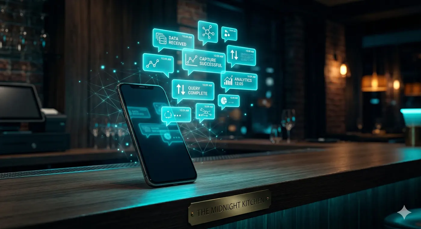 Notificaciones de chatbot IA brillando en una tableta en la recepcion de un restaurante moderno con iluminacion ambiental cyan