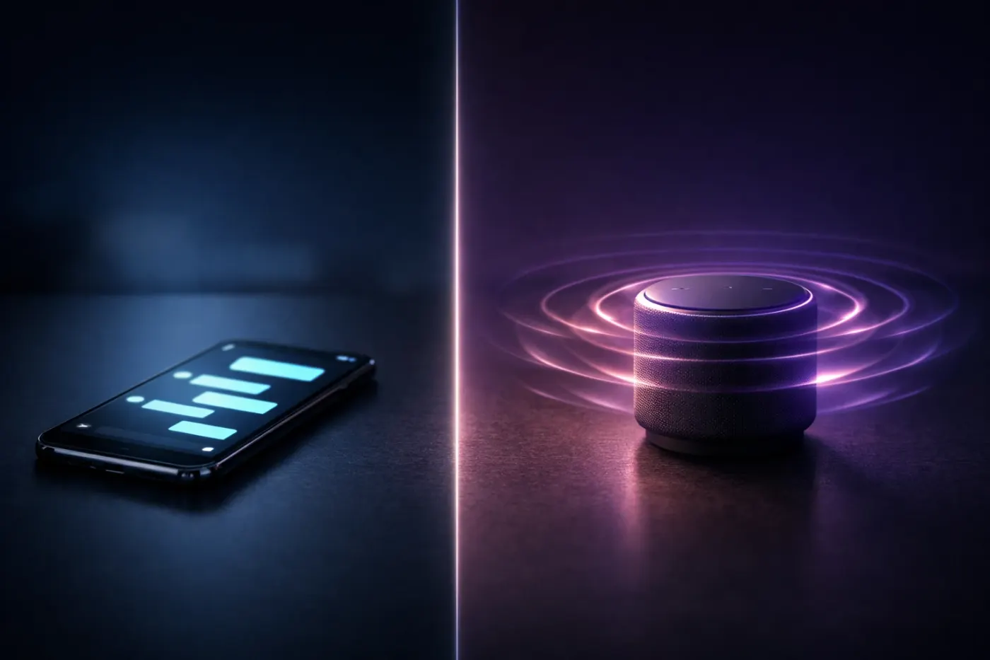 Split composition showing smartphone with cyan text chat interface on left and smart speaker emitting violet holographic sound waves on right separated by thin light line