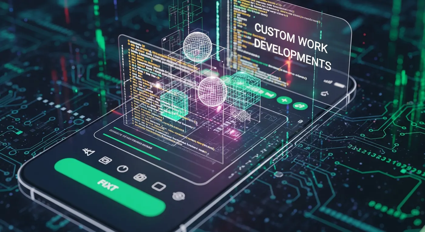 Smartphone displaying a holographic 'Custom Work Developments' interface over a circuit board background