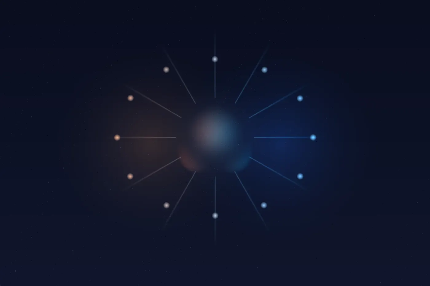 Abstract warm amber glow meeting cool cyan light with radiating connection lines and a gradient heart shape symbolizing human-AI warmth