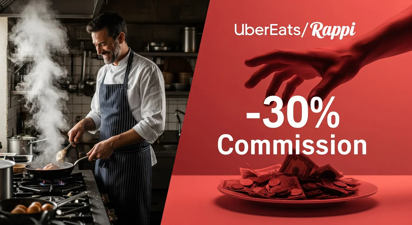 Split image contrasting a chef cooking with a plate of coins under a hand taking a 30% cut labeled UberEats/Rappi