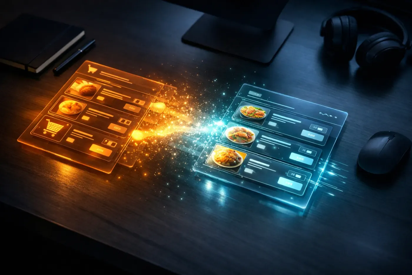 Overlapping holographic panels of e-commerce shopping cart in amber and restaurant menu interface in cyan with luminous data particles flowing between them on dark workspace