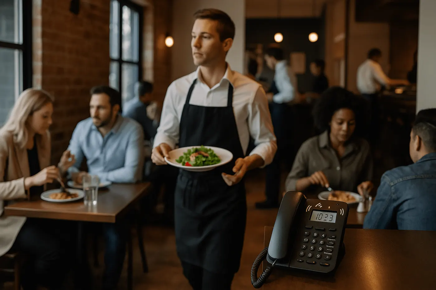 Illustrated four-step flow from mobile order to analytics dashboard to kitchen prep to handoff