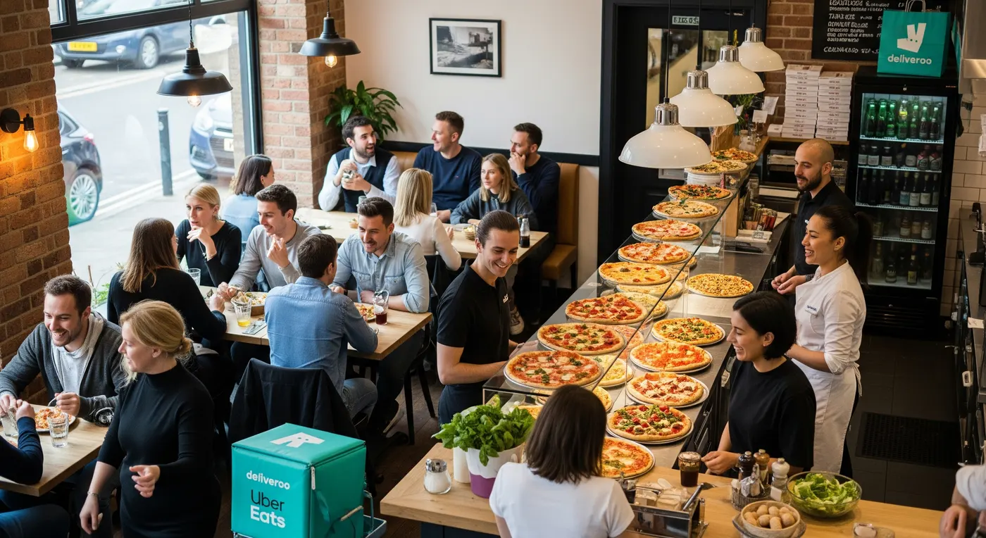 Busy pizzeria dining room with staff serving pizzas and Deliveroo and Uber Eats delivery bags in the foreground
