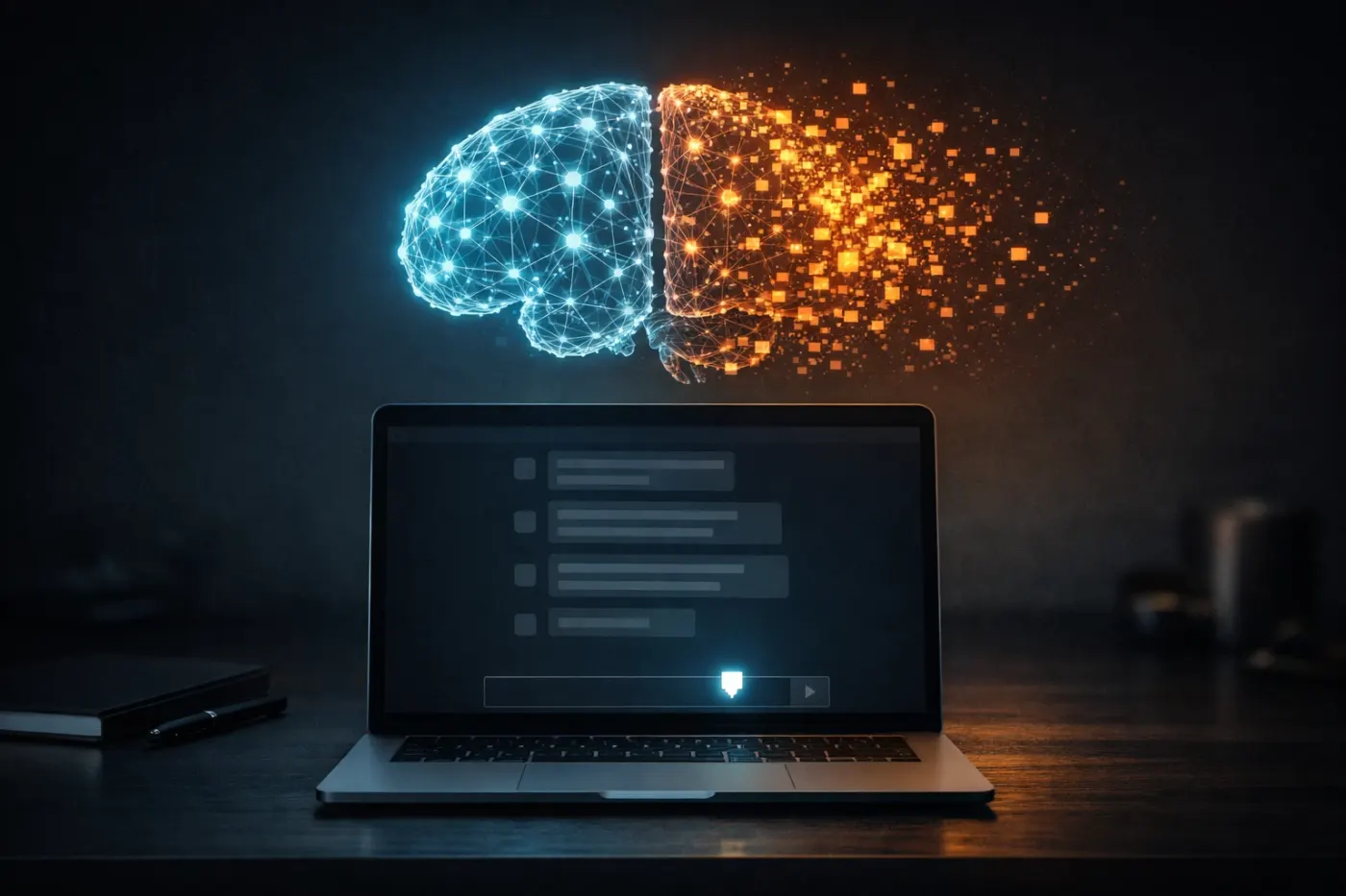 Laptop displaying AI chat interface with holographic neural network brain above it fragmenting into scattered pixels on one side in cyan and amber tones