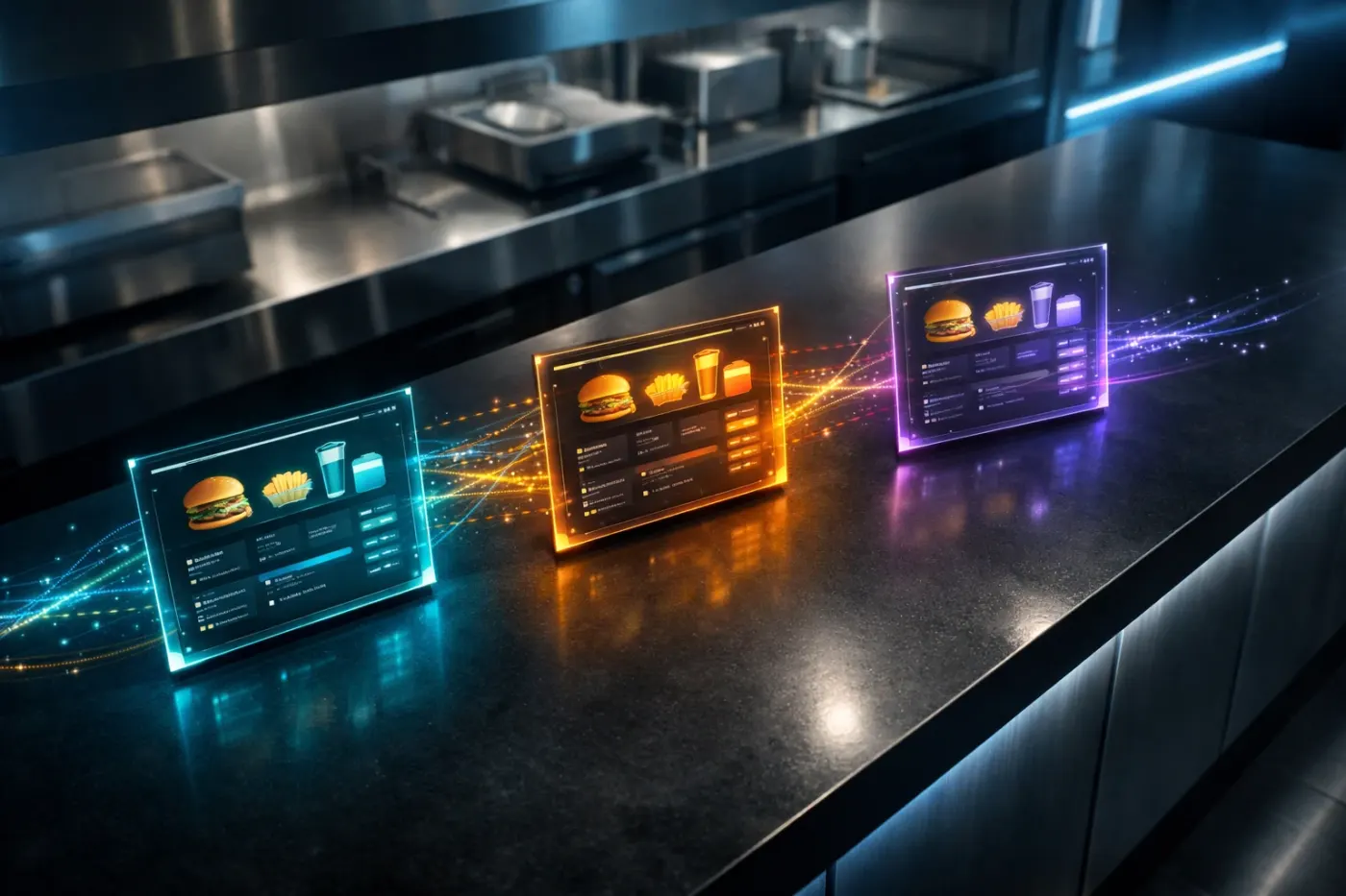 Futuristic quick-service restaurant counter with three holographic ordering interfaces glowing in cyan amber and violet with digital data streams flowing between them