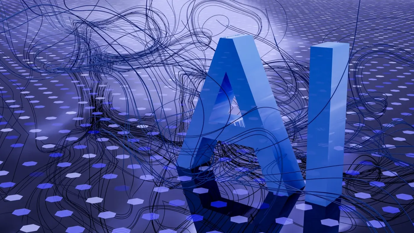 Modern laptop and smartphone displaying interconnected AI chatbot dashboards with cyan data visualizations on dark surface